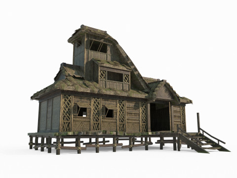 Huizen met rieten daken in oude Aziatische tribale architectuur 3D Model