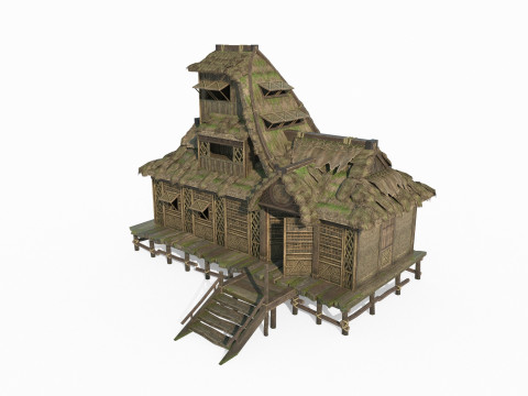 Case dal tetto di paglia nell'antica architettura tribale asiatica Modello 3D