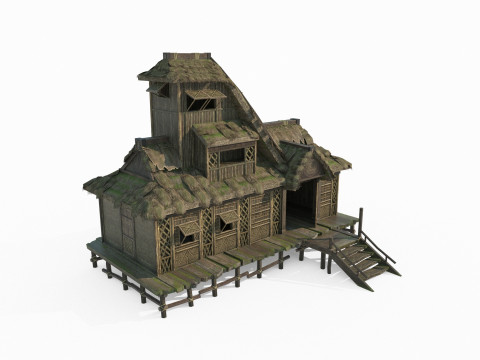 Case dal tetto di paglia nell'antica architettura tribale asiatica Modello 3D