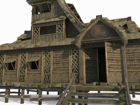 Case dal tetto di paglia nell'antica architettura tribale asiatica Modello 3D