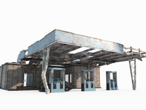 Una gasolinera en ruinas de arquitectura moderna. Modelo 3D