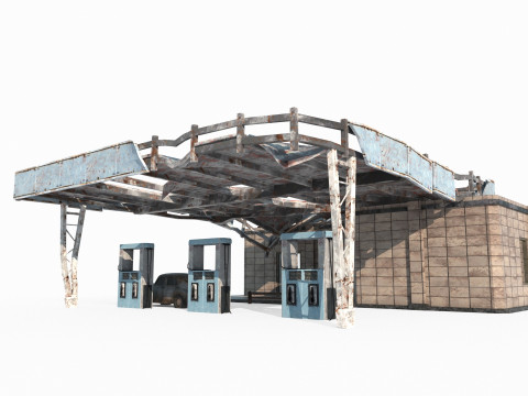 आधुनिक वास्तुकला में एक जीर्ण-शीर्ण गैस स्टेशन 3D मॉडल