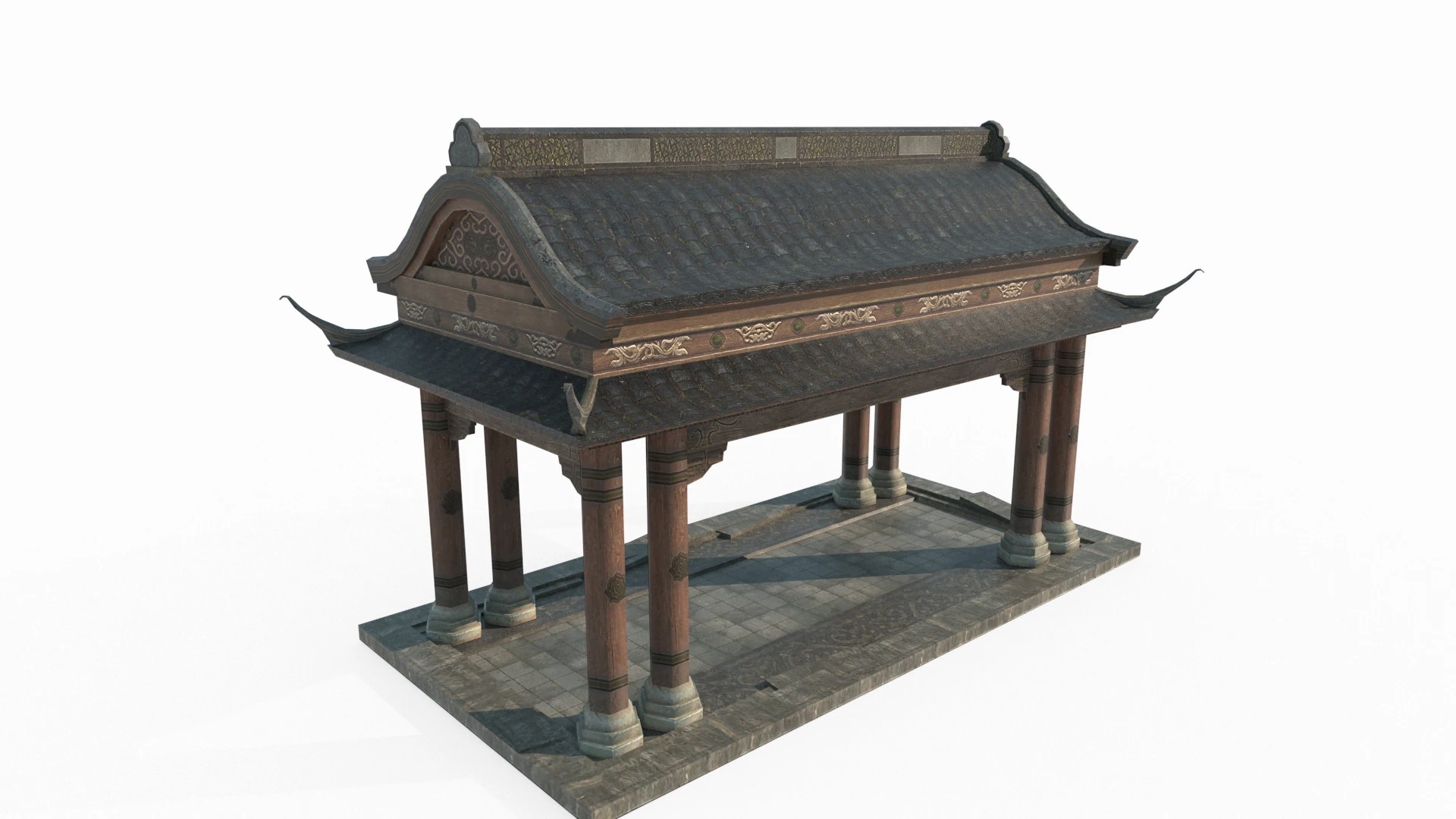 古代亚洲建筑瓦屋顶凉棚 3D 模型 .c4d .max .obj .3ds .fbx .stl .blend 