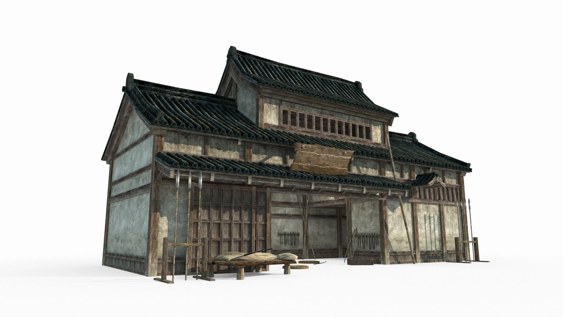 Sklep z bronią w azjatyckiej architekturze starożytnej Model 3D .c4d .max .obj .3ds .fbx .stl .blend