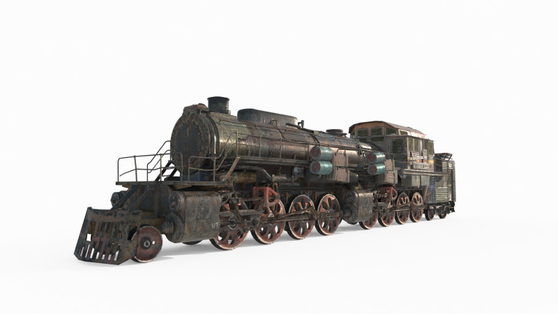 Railway vehicle old-style war damaged locomotive 3D Model .c4d .max .obj .3ds .fbx .stl .blend