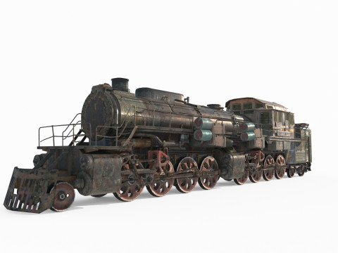 Railway vehicle old-style war damaged locomotive 3D Model