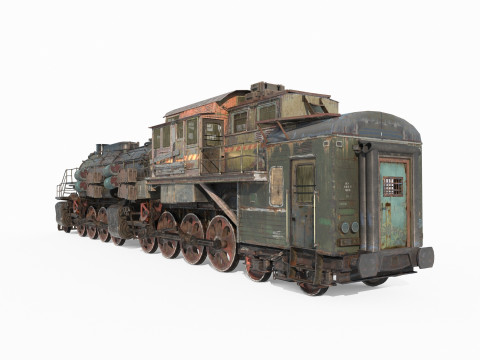 Railway vehicle old-style war damaged locomotive 3D Model