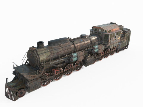 Railway vehicle old-style war damaged locomotive 3D Model
