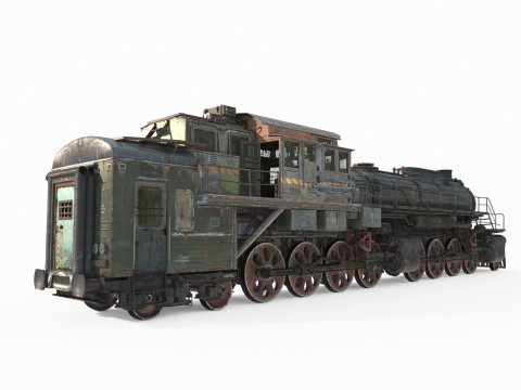 Railway vehicle old-style war damaged locomotive 3D Model