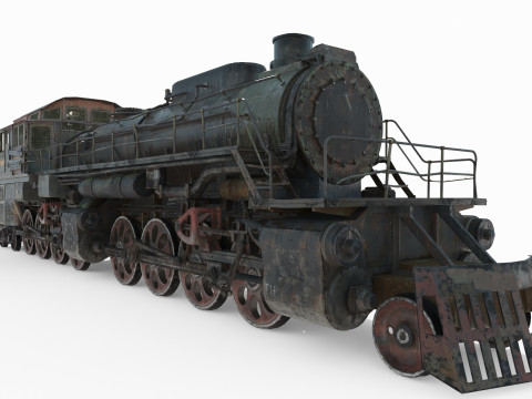 Railway vehicle old-style war damaged locomotive 3D Model