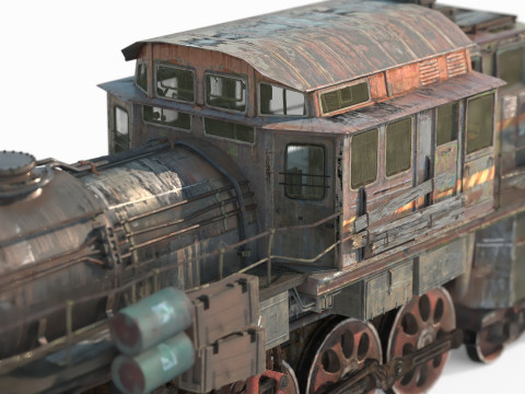 Railway vehicle old-style war damaged locomotive 3D Model