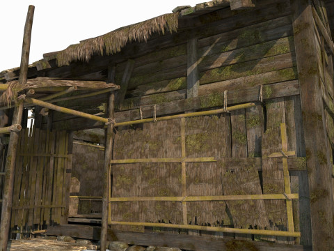 Antigas casas de madeira de arquitetura asi&aacute;tica e casas de palha Modelo 3D