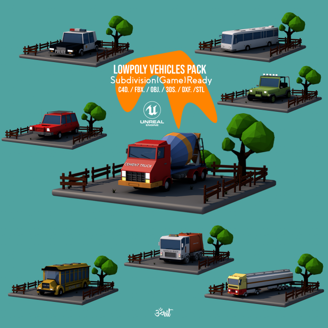 Lowpoly Vehicles Pack - Subdivision-Game-Ready Low-poly 3D Модель .c4d .max .obj .3ds .fbx .stl .blend