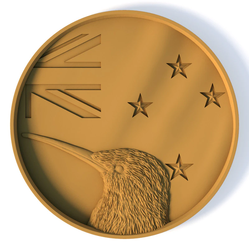 Neuseeland-Flagge 3D-Medaillon STL Kiwi-Vogel-Reliefmodell f&uuml;r 3D-Druck CNC 3D Druckmodell .c4d .max .obj .3ds .fbx .stl .blend 