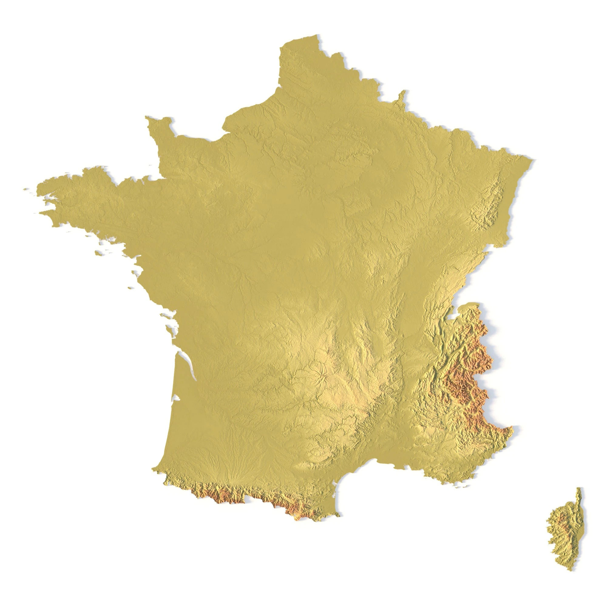 France Topographic Map for 3D Printing CNC Carving 3D Print Model .c4d .max .obj .3ds .fbx .stl .blend