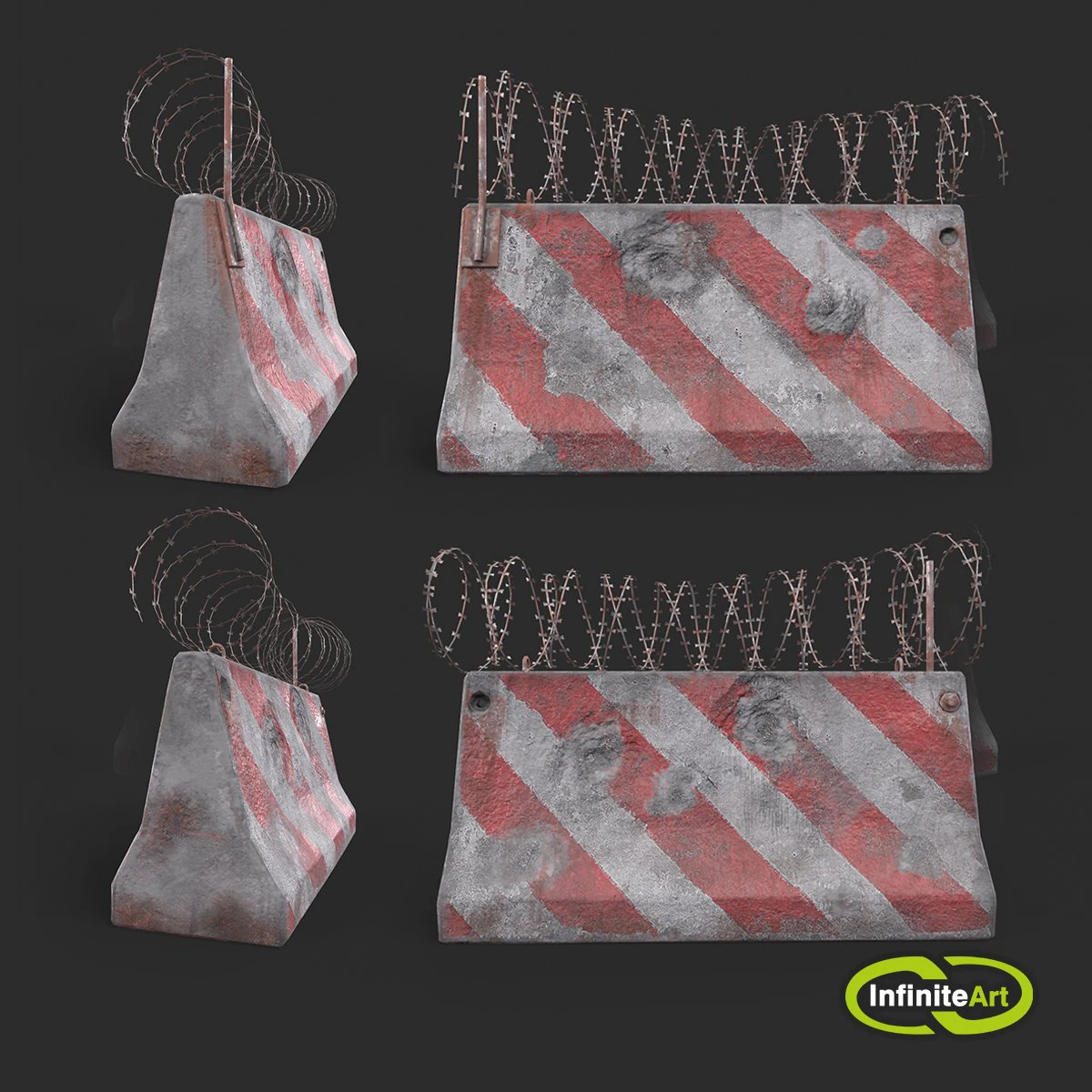 Concrete block with barbed wire Barricade 3D Model .c4d .max .obj .3ds .fbx .stl .blend 