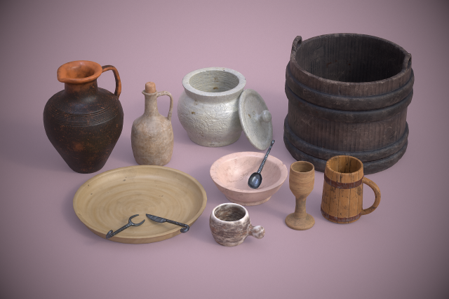 Medieval Tableware PROPS PBR Set2 3D 模型 .c4d .max .obj .3ds .fbx .stl .blend 