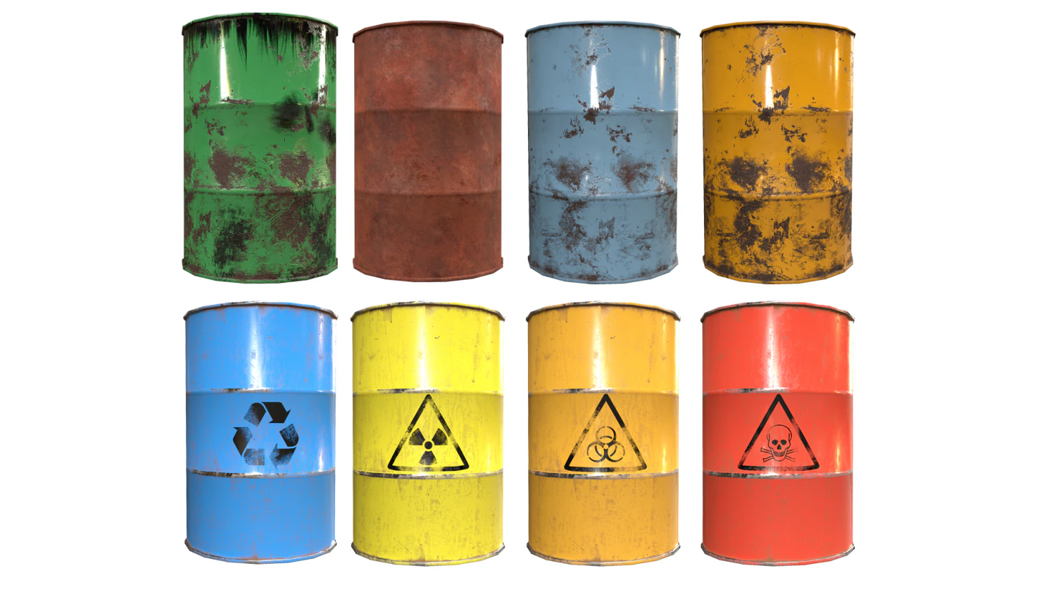 Collection of metal barrels Low-poly 3D Model .c4d .max .obj .3ds .fbx .stl .blend