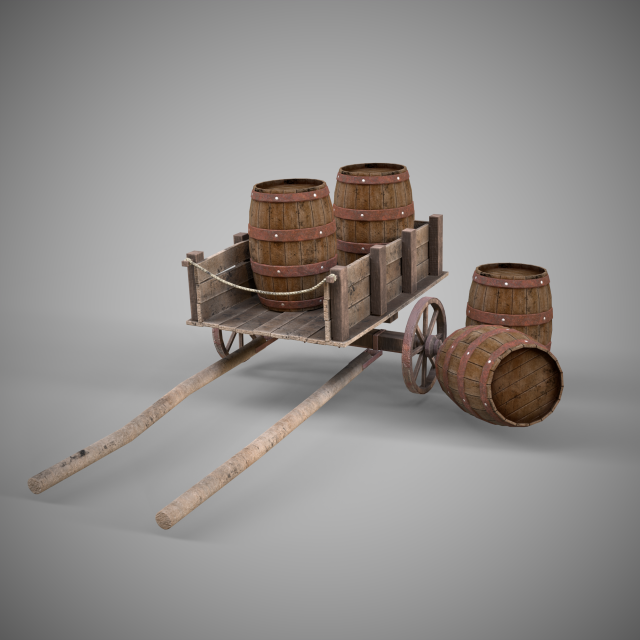 Low-poly collection of cart and wooden barrels 3D Model .c4d .max .obj .3ds .fbx .stl .blend 