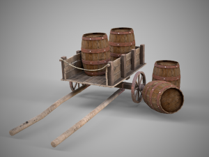 Low-poly collection of cart and wooden barrels Model 3D