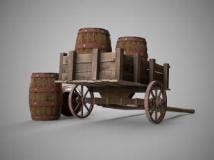 Low-poly collection of cart and wooden barrels 3D Model