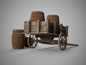 Low-poly collection of cart and wooden barrels 3D Model
