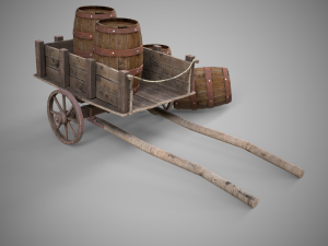 Low-poly collection of cart and wooden barrels 3D Model