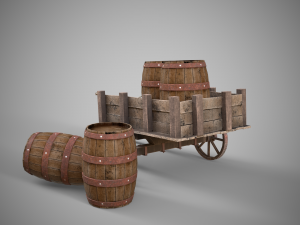 Low-poly collection of cart and wooden barrels 3D Model
