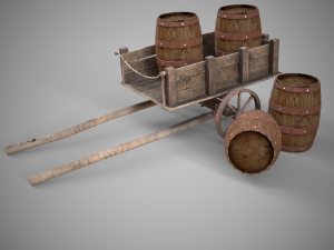 Low-poly collection of cart and wooden barrels 3D Model