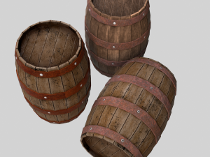 Low-poly collection of cart and wooden barrels 3D Model