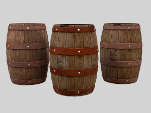 Low-poly collection of cart and wooden barrels 3D Model