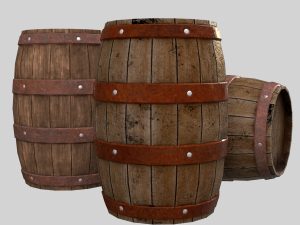 Low-poly collection of cart and wooden barrels 3D Model