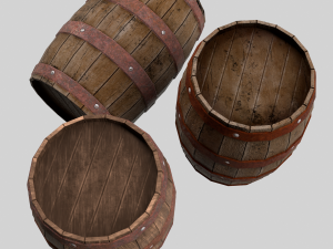 Low-poly collection of cart and wooden barrels 3D Model