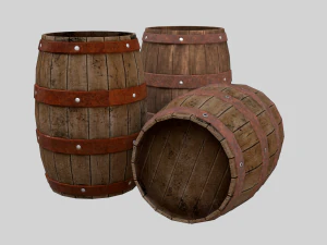 Low-poly collection of cart and wooden barrels 3D Model