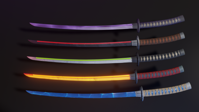 Stylized Katana Asset with five skins low poly game ready 3D Model .c4d .max .obj .3ds .fbx .stl .blend 