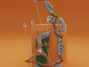 Fantasy Wooden bow with armor blades and stylized quiver Modelo 3D