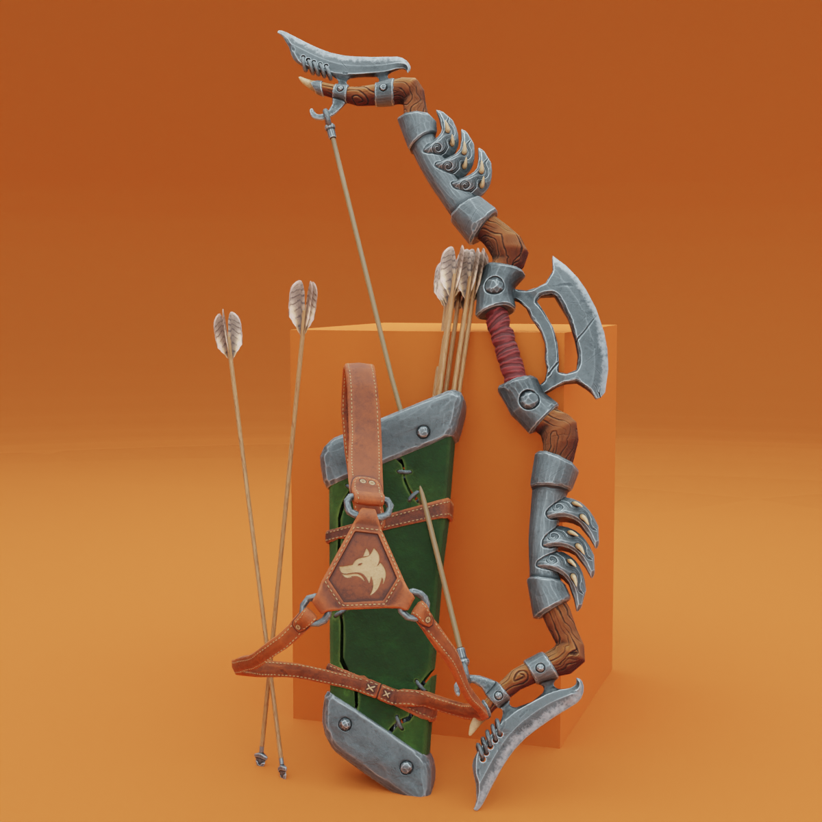 Fantasy Wooden Bow With Armor Blades And Stylized Quiver 3D Модель.