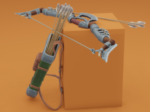 Fantasy Wooden bow with armor blades and stylized quiver Modelo 3D