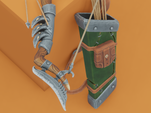 Fantasy Wooden bow with armor blades and stylized quiver Modelo 3D