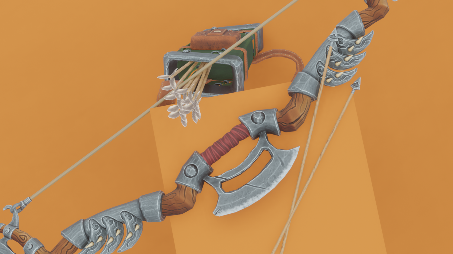 Fantasy Wooden Bow With Armor Blades And Stylized Quiver 3D Модель.