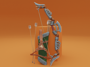 Fantasy Wooden bow with armor blades and stylized quiver Modelo 3D