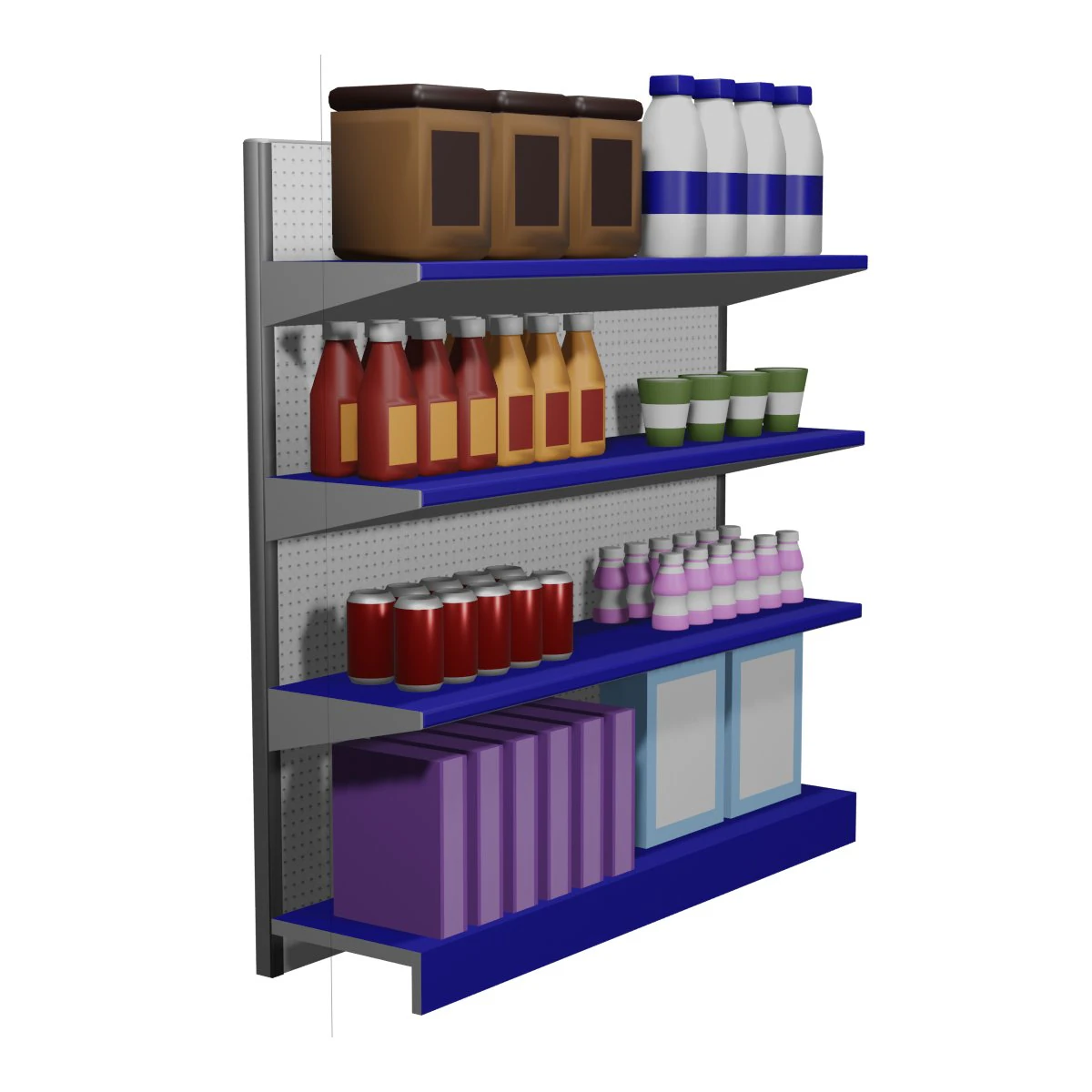 Supermarket shelf and products 3D Model .c4d .max .obj .3ds .fbx .stl .blend
