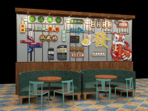 Divis&oacute;ria de restaurante de ch&aacute; estilo Hong Kong, decora&ccedil;&atilde;o retr&ocirc; de parede, slogan publicit&aacute;rio, drenagem de outdoors Modelo 3D