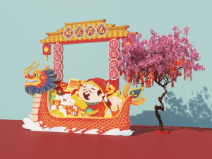 New Year Display of God of Wealth Dragon Boat Dragon Year Wealth Boat Wealth Tree Prayer Tree Blessi 3D Model