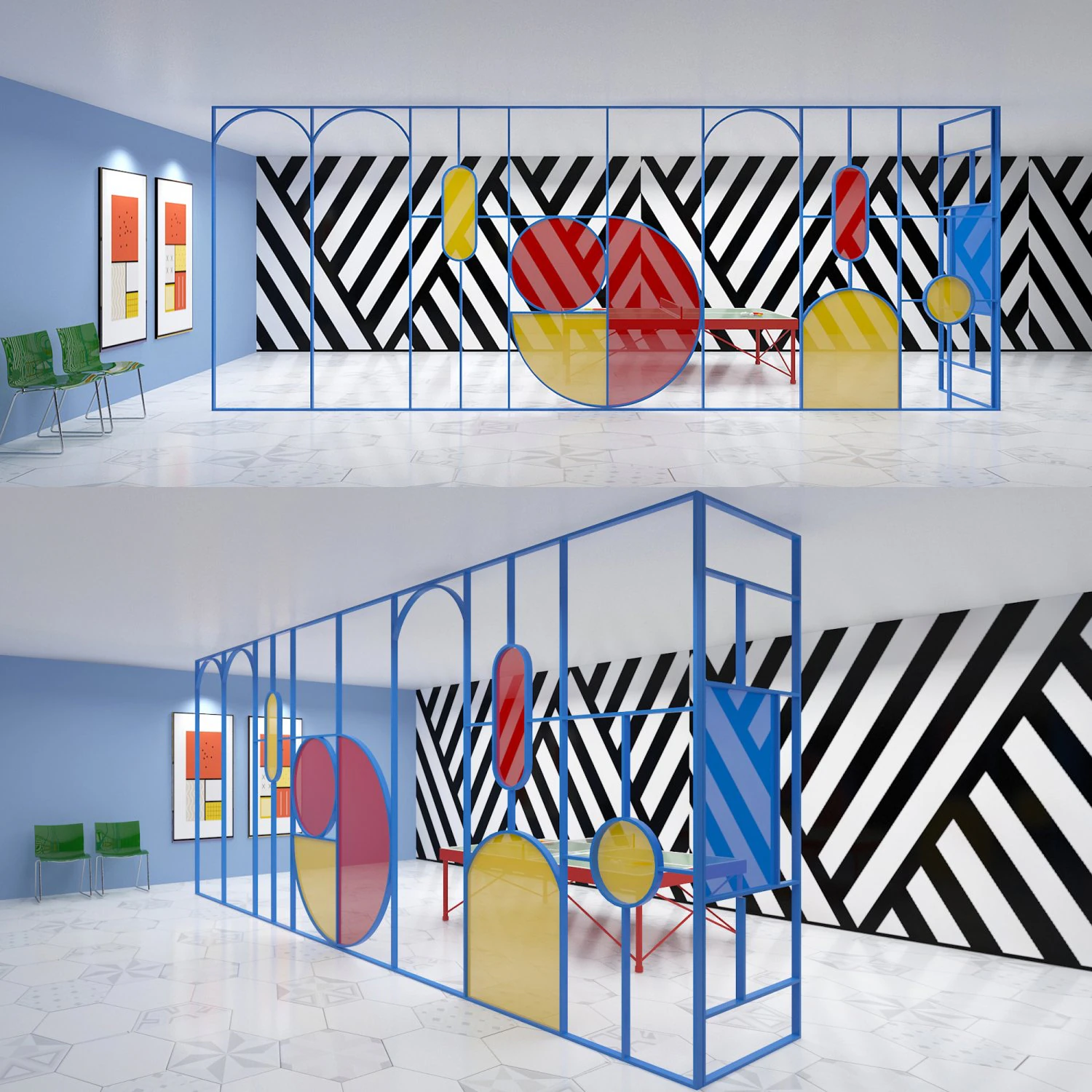 Retro minimalist stained glass partition modern screen Memphis screen table tennis activity center 3D Model .c4d .max .obj .3ds .fbx .stl .blend 