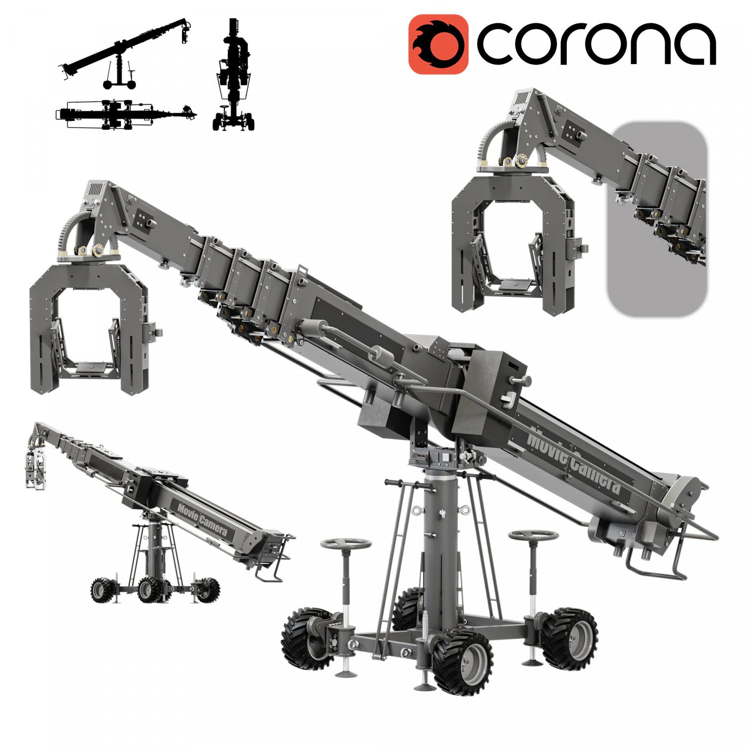 Movie crane camera silver 3D Model .c4d .max .obj .3ds .fbx .stl .blend 