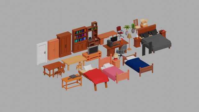 Lowpoly Bedroom Pack Model 3D .c4d .max .obj .3ds .fbx .stl .blend