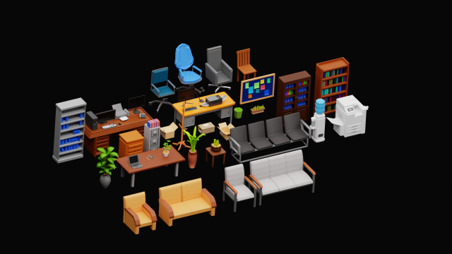 LowPoly Office Equipment 3D Модель .c4d .max .obj .3ds .fbx .stl .blend 