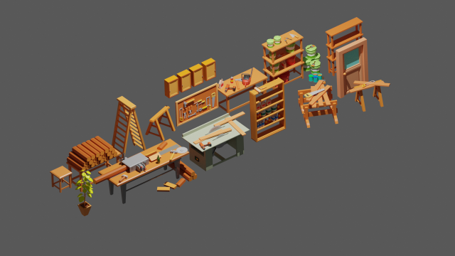 LowPoly WorkShop Tools 3D Model .c4d .max .obj .3ds .fbx .stl .blend 