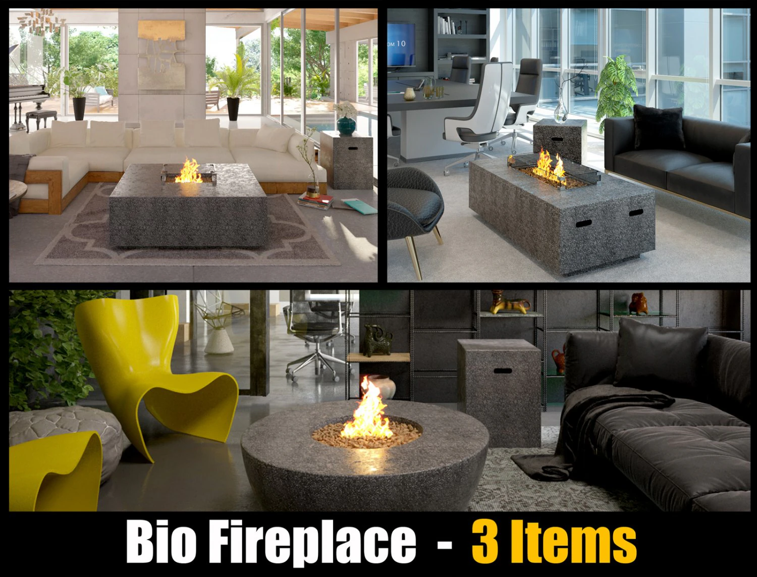 Bio Ethanol Fireplace - 3 Items 3D Model .c4d .max .obj .3ds .fbx .stl .blend